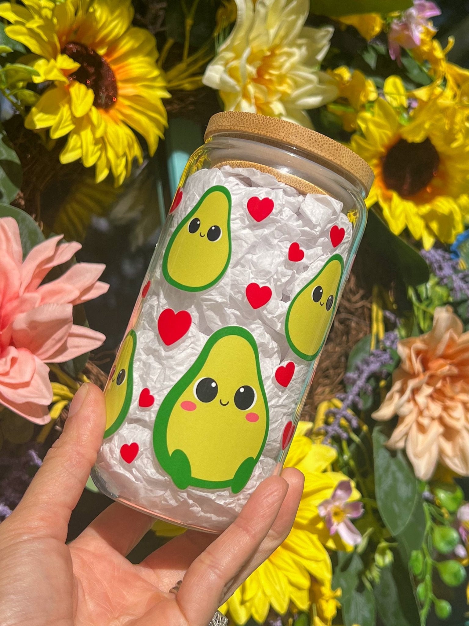 ‘Avocado & Hearts’ 16oz Glass Can - Creative Sara Boutique