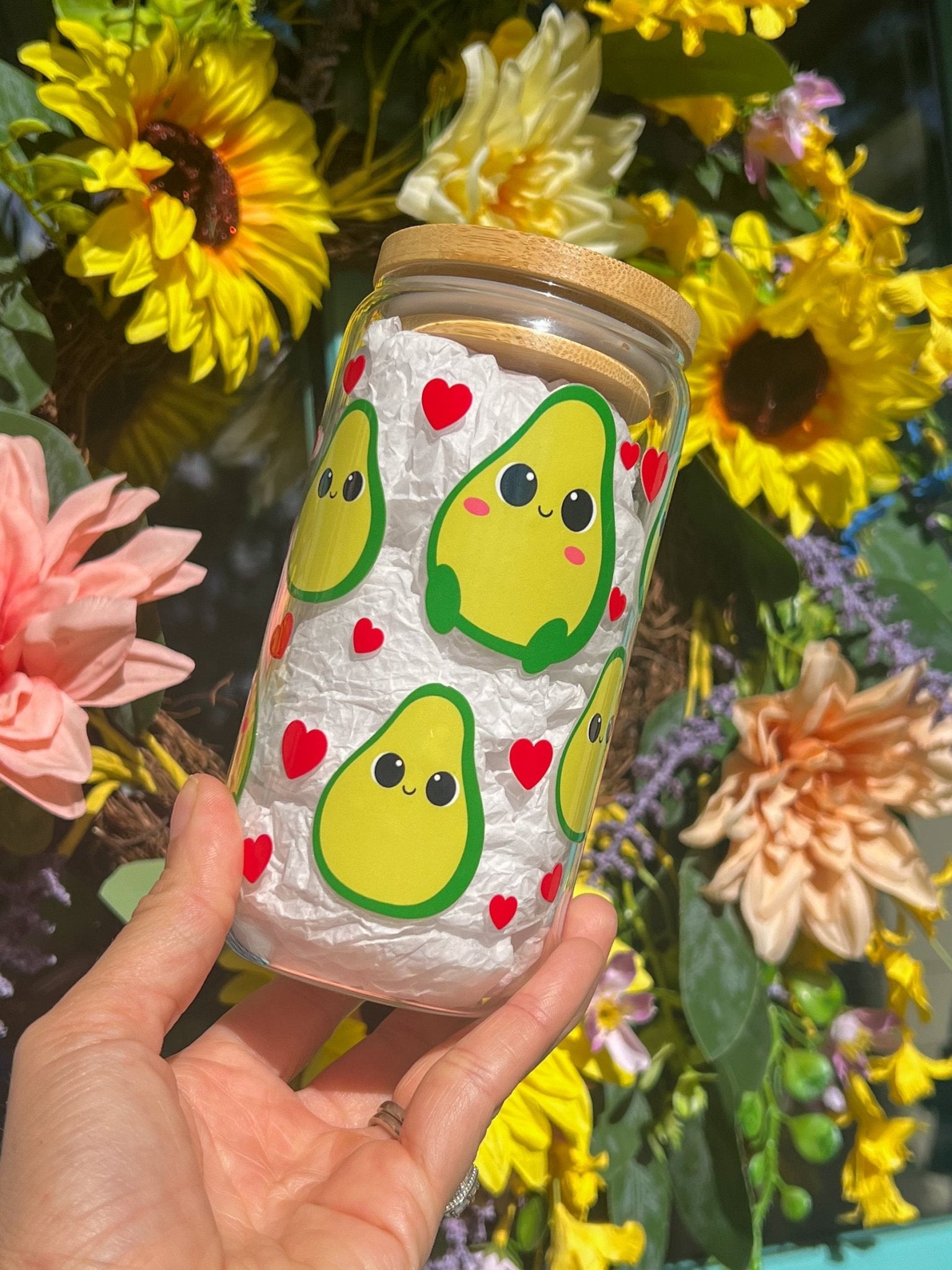 ‘Avocado & Hearts’ 16oz Glass Can - Creative Sara Boutique