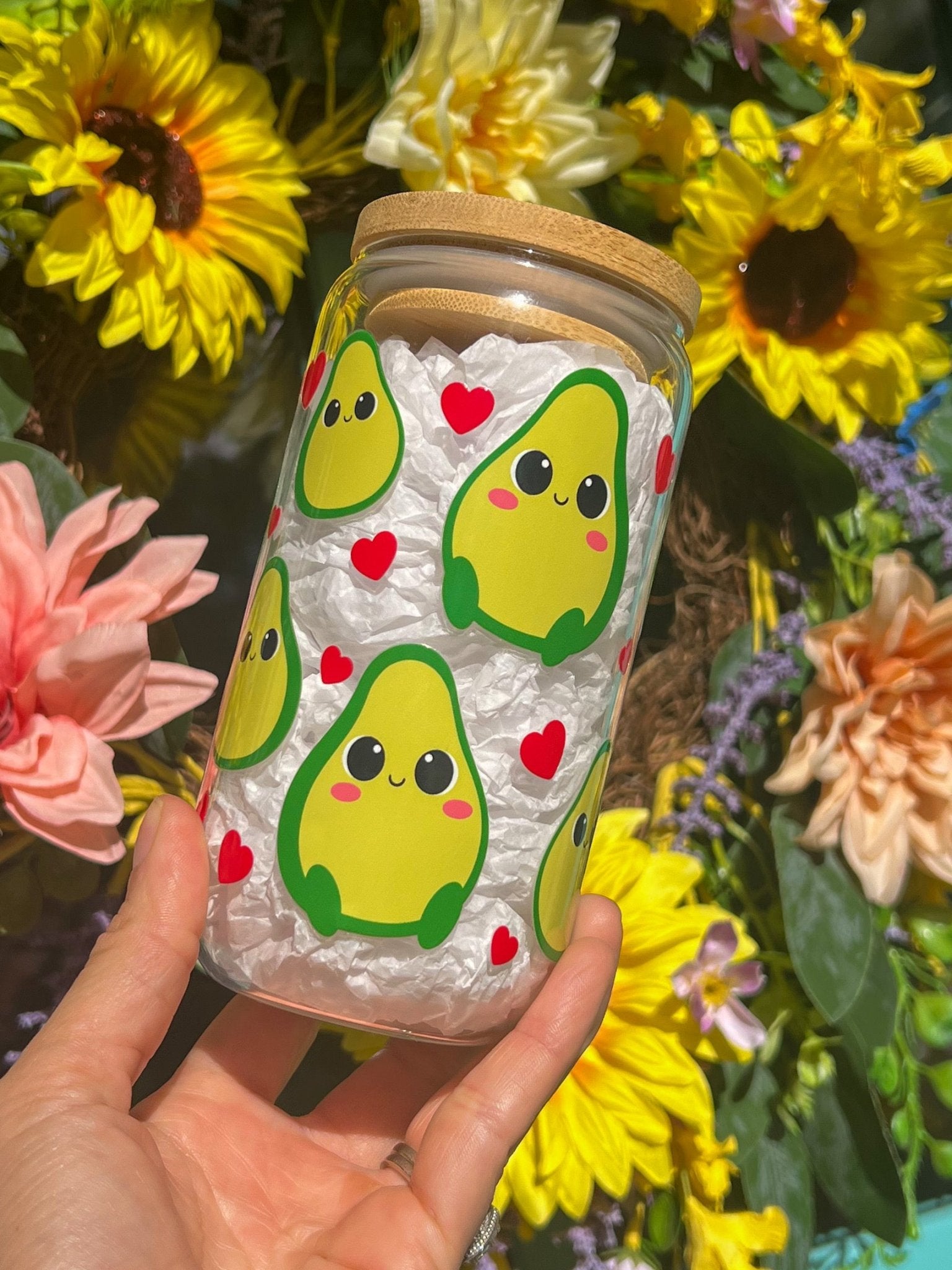 ‘Avocado & Hearts’ 16oz Glass Can - Creative Sara Boutique
