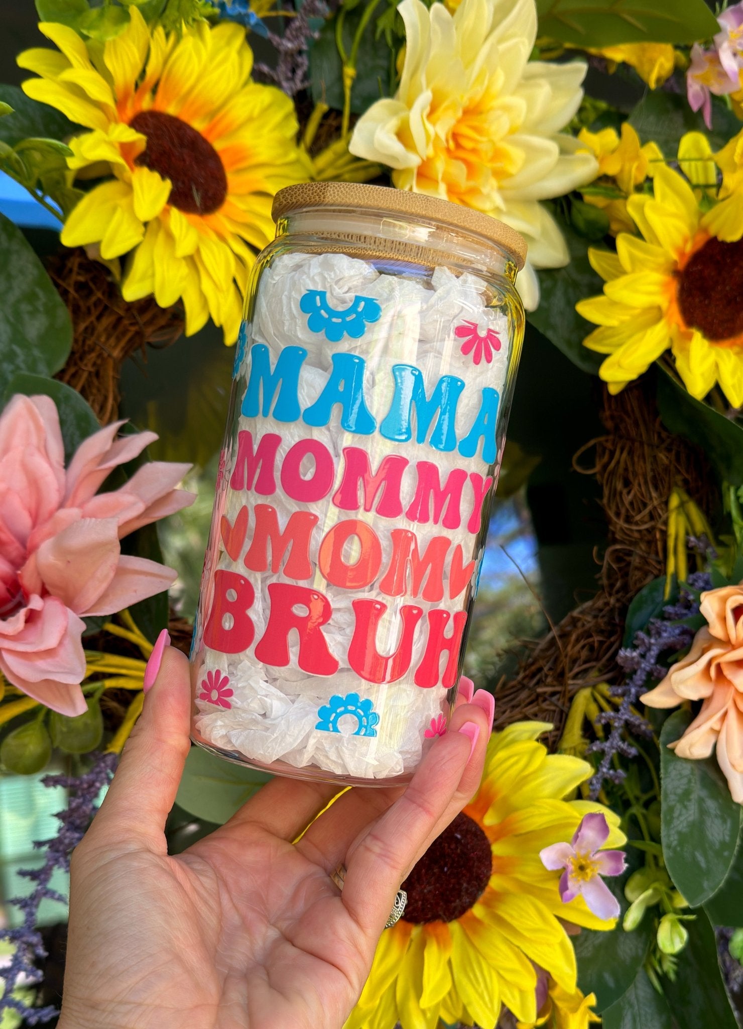 ‘Mama Mommy Mom Bruh’ 16oz Glass Can - Creative Sara Boutique
