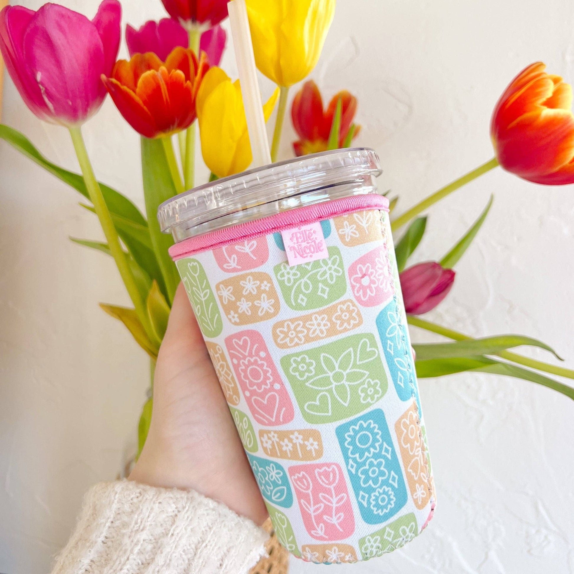 Coffee Cup Cover - Blocked Floral - Iced Drink Sleeve - Creative Sara Boutique