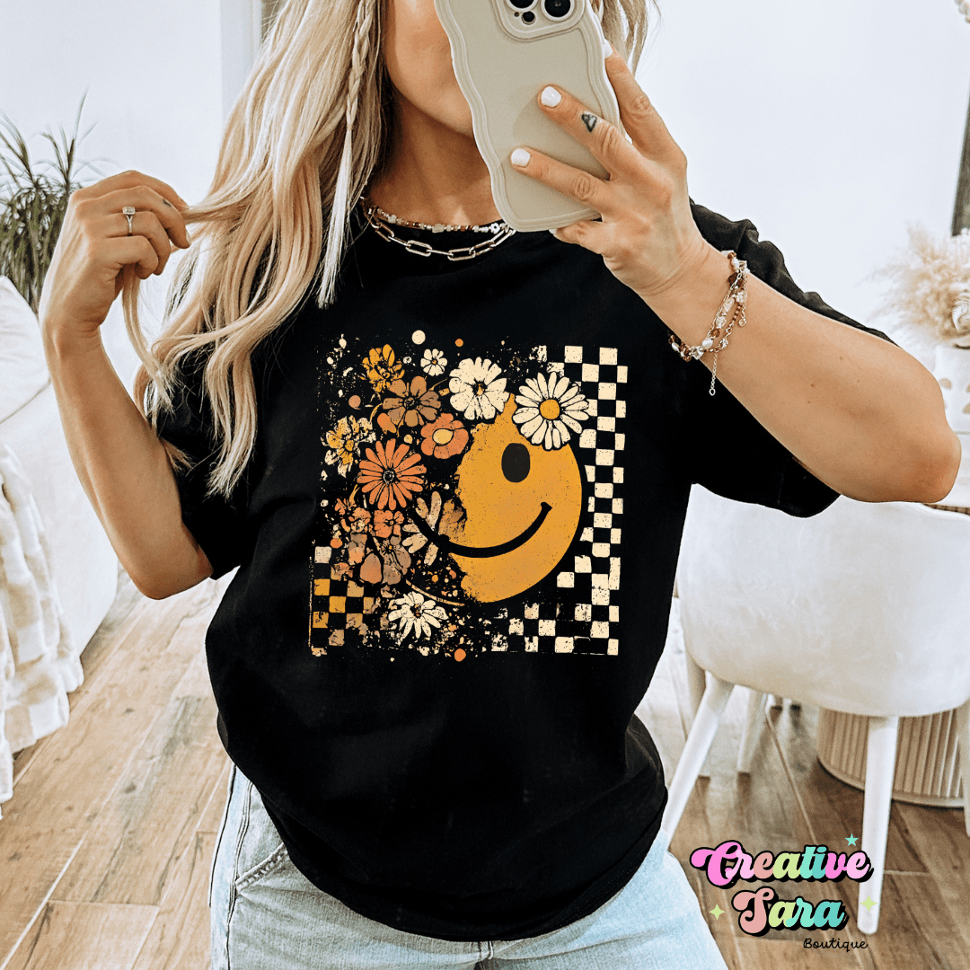 Retro Smiley Floral Tee T-Shirt - Creative Sara Boutique